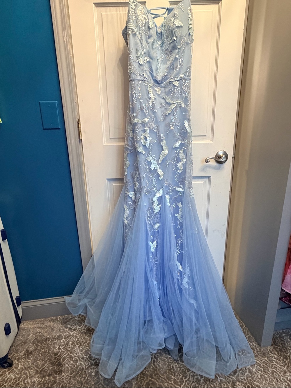 Light Blue Sequin Lace Mermaid Gown